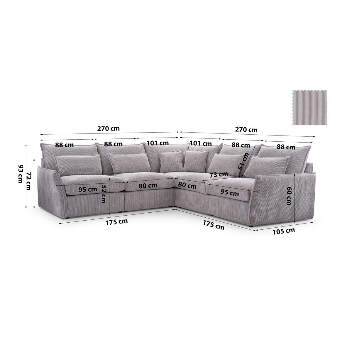 ECKSOFA Modulare Lunde 7, 6 Sitzer, Grau - Grau, Textil (270/270cm) - Meblito