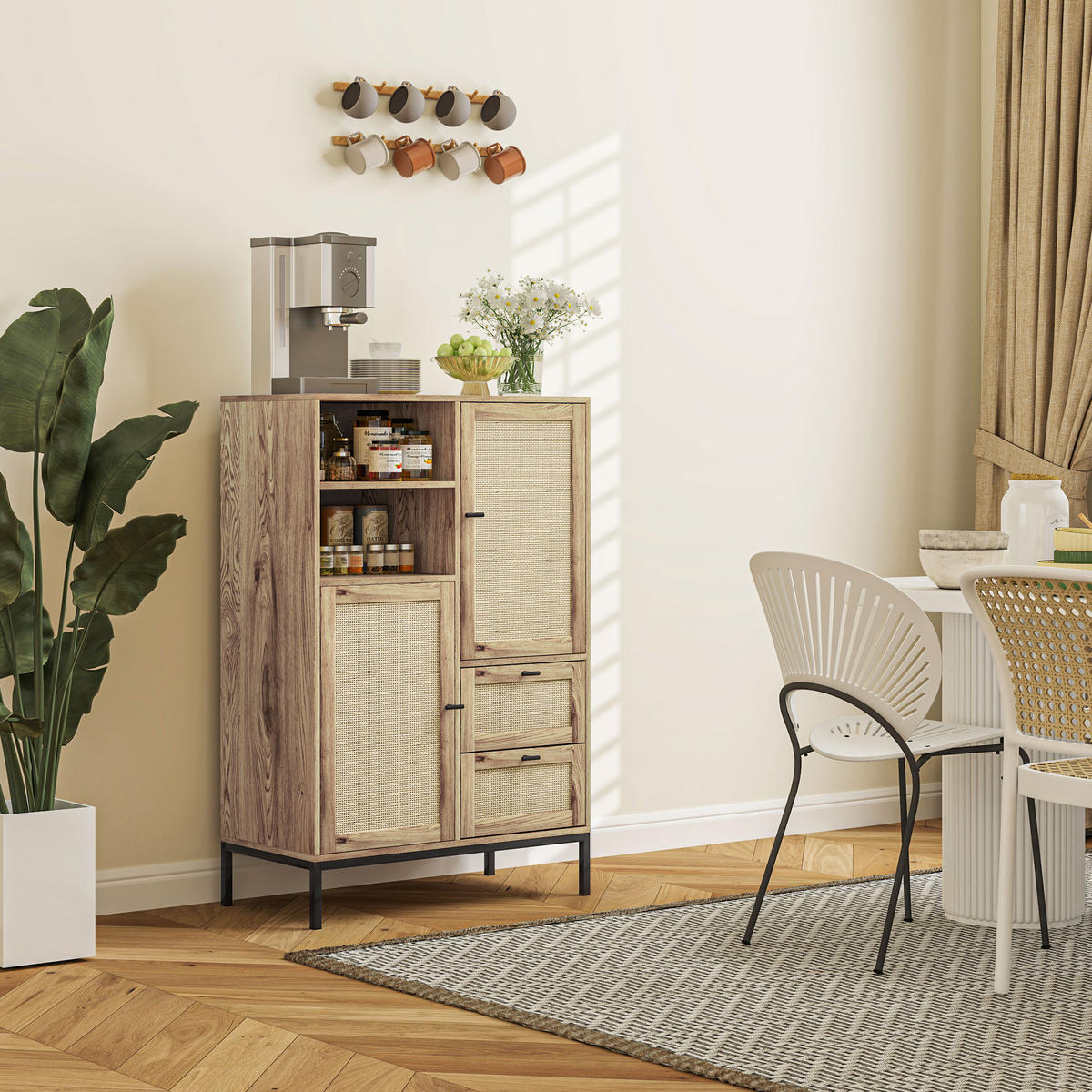 KOMMODE mit Rattan-Türen, Metallrahmen - Naturfarben, Holzwerkstoff (80/120/40cm) - HOMCOM