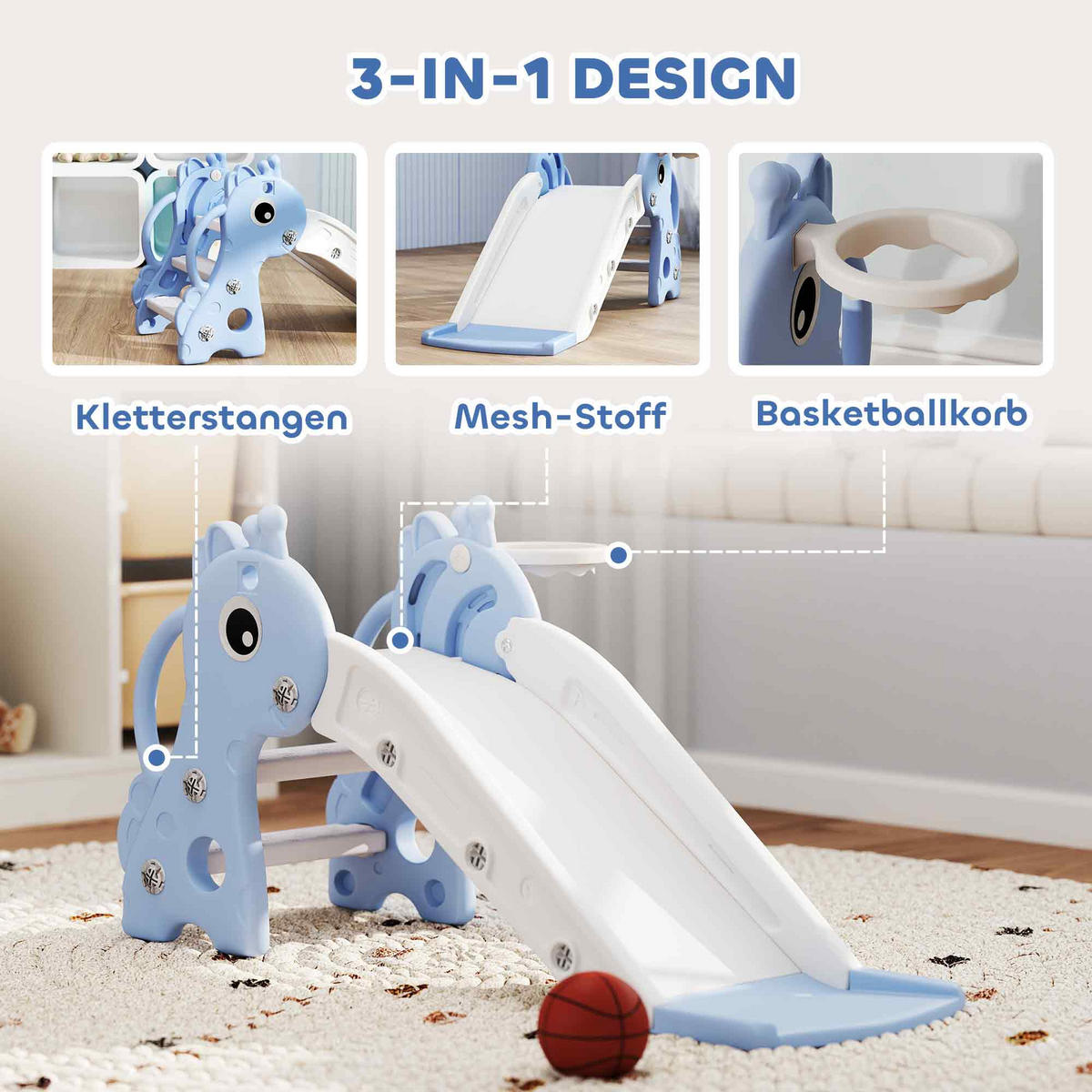 KINDERRUTSCHE, 3 in 1, Kleinkinderrutsche mit Basketballkorb, Basketball, Blau - Blau, Kunststoff (51.5/52/106cm) - AIYAPLAY