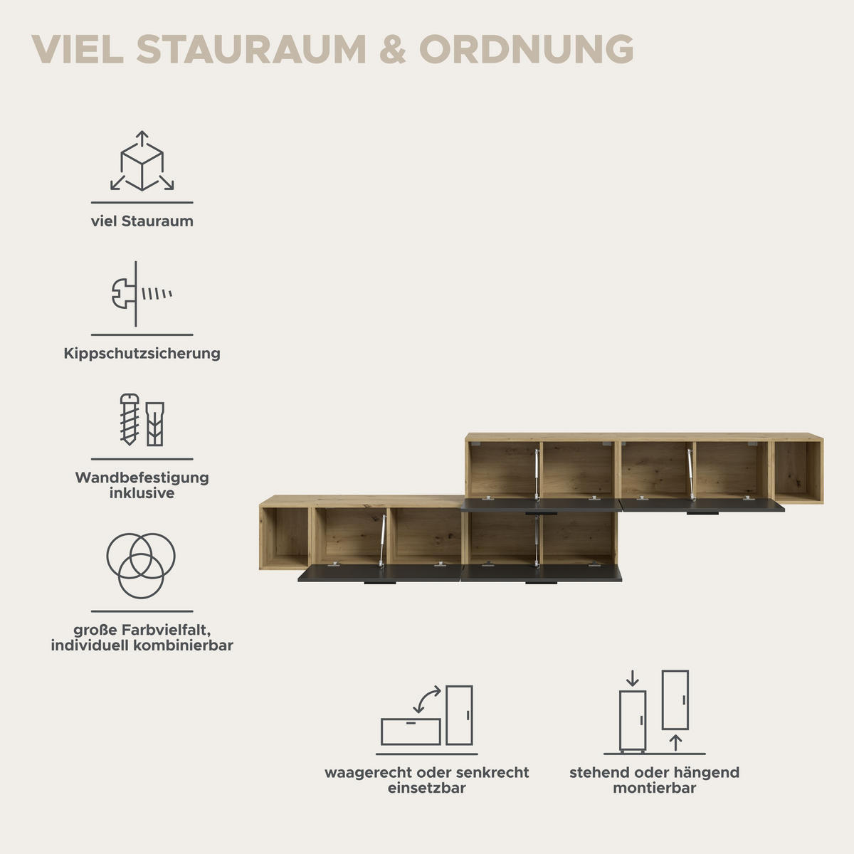 WOHNWAND The One Basalt grau 276/34/97 cm - Braun, Holzwerkstoff (276/97/34cm) - Xonox
