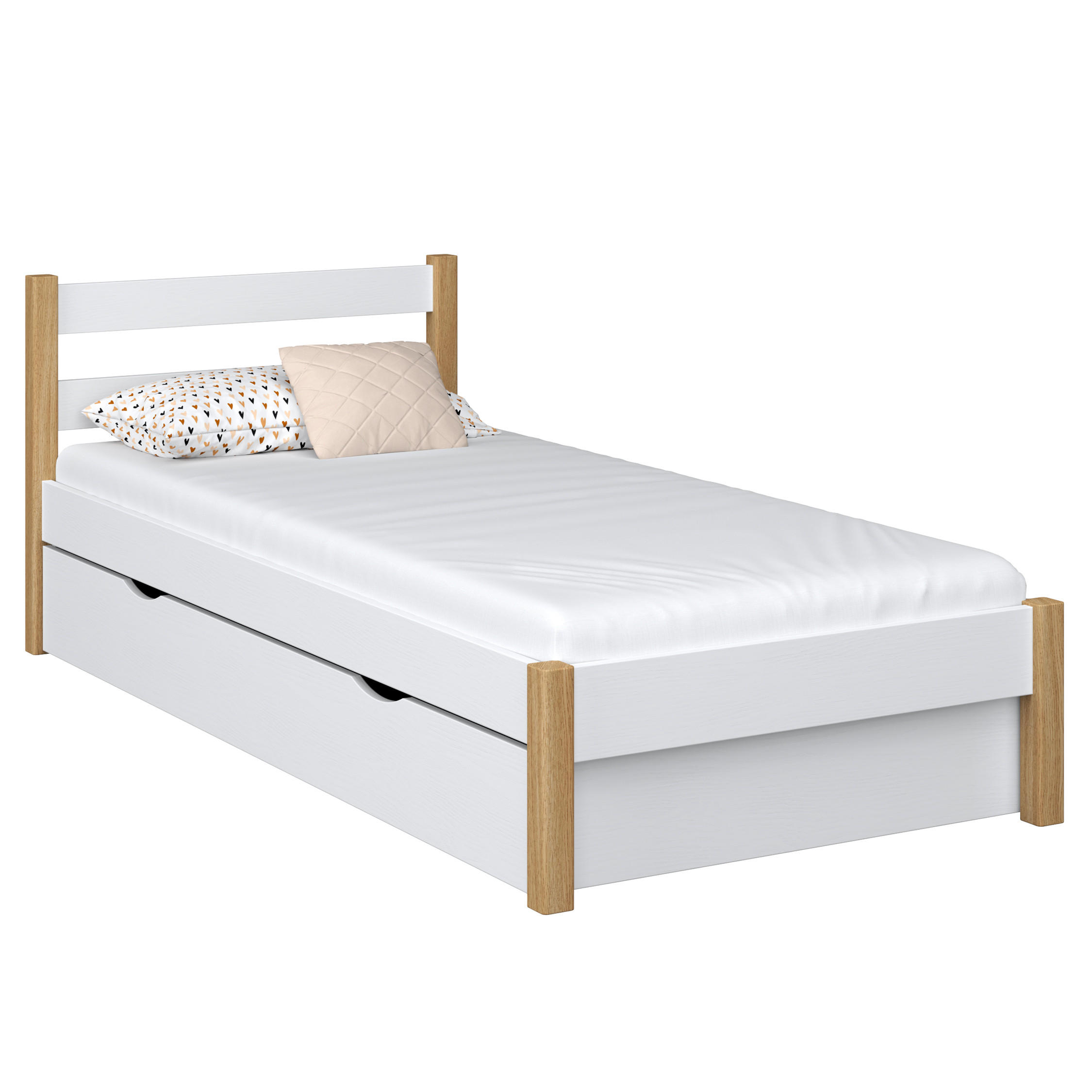 BETT mit Schublade N01 Weiß / Eiche Natur 120/200 - Eiche Artisan/Weiß, Naturmaterialien/Holz (120/200cm) - N-Wood