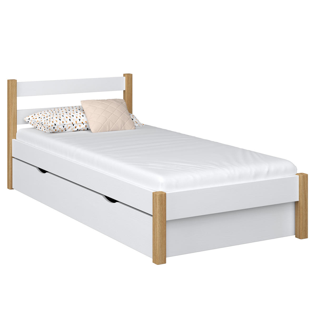 BETT mit Schublade N01 Weiß / Eiche Natur 120/200 - Eiche Artisan/Weiß, Naturmaterialien/Holz (120/200cm) - N-Wood