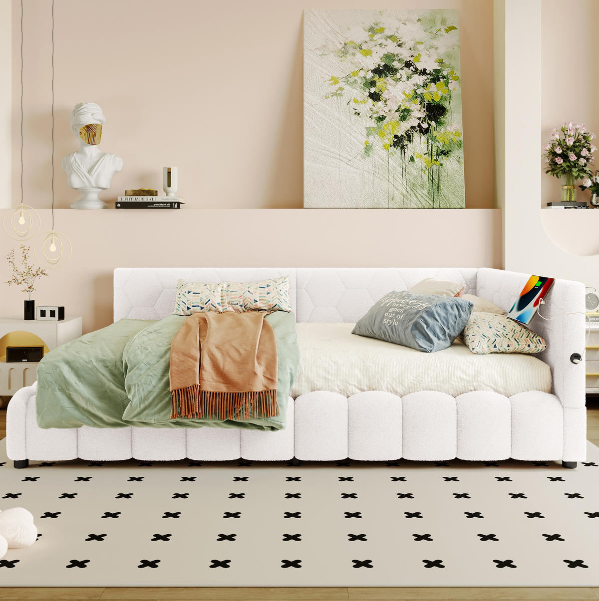 POLSTERBETT 140/200 cm Weiß mit Stauraum, LED-Beleuchtung und USB - Weiß, Textil (140/200cm) - Flora Grace