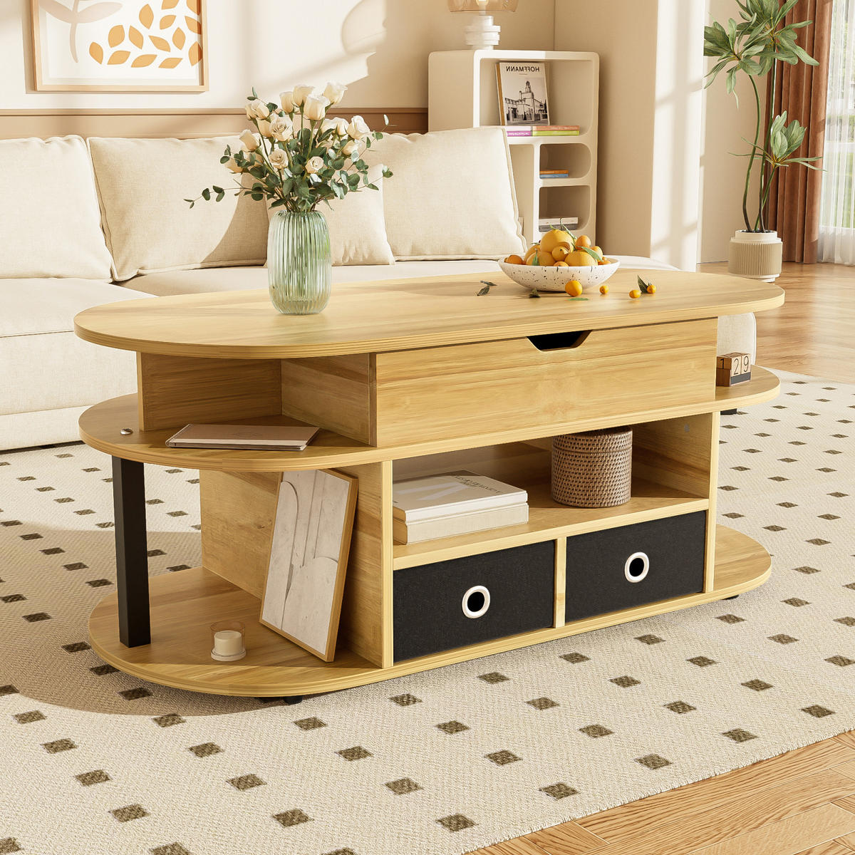 COUCHTISCH Holzoptik mit Hubfunktion, Stauraum und 2 Schubladen - Cognac, Metall (100/50/60cm)