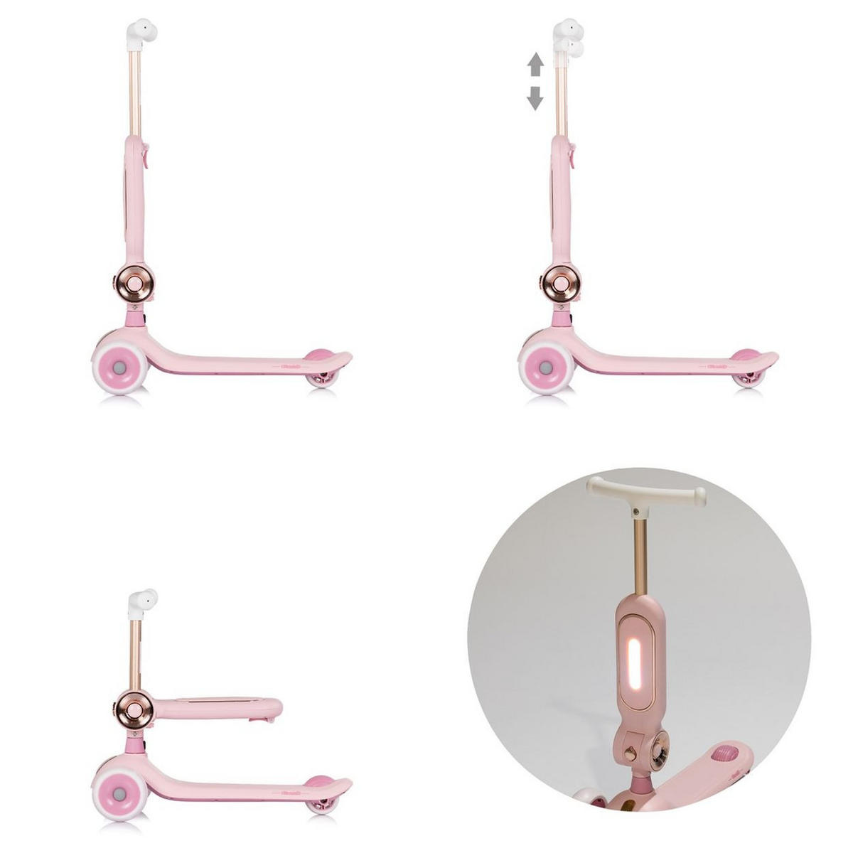 KINDERROLLER Bloomi 2 in 1 rosa Laufrad-Funktion, Sitz, PU-Leuchträder, Bremse, Lenker verstellbar - Rosa, Metall (46/28/77cm) - Chipolino