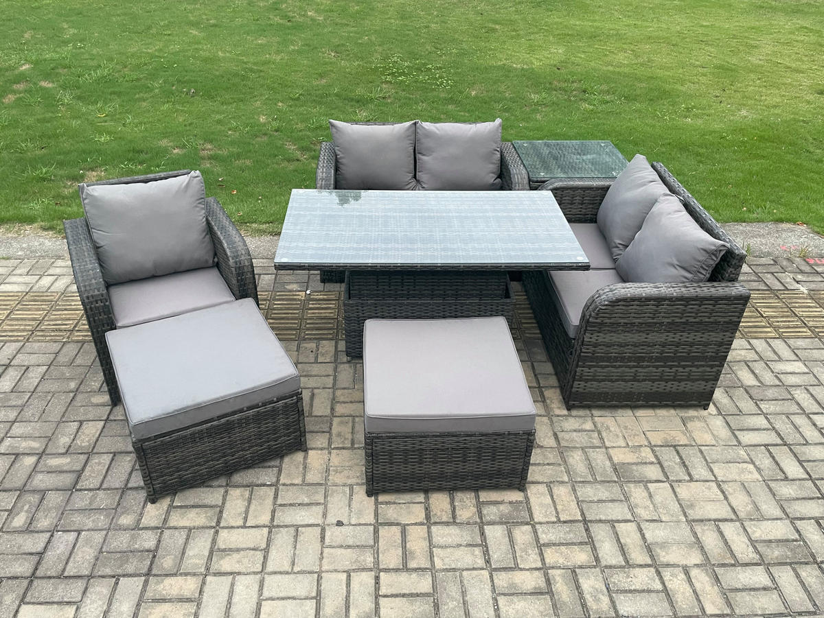 GARTENMÖBELSET Polyrattan 7-Sitzer - Dunkelgrau, Metall - Fimous
