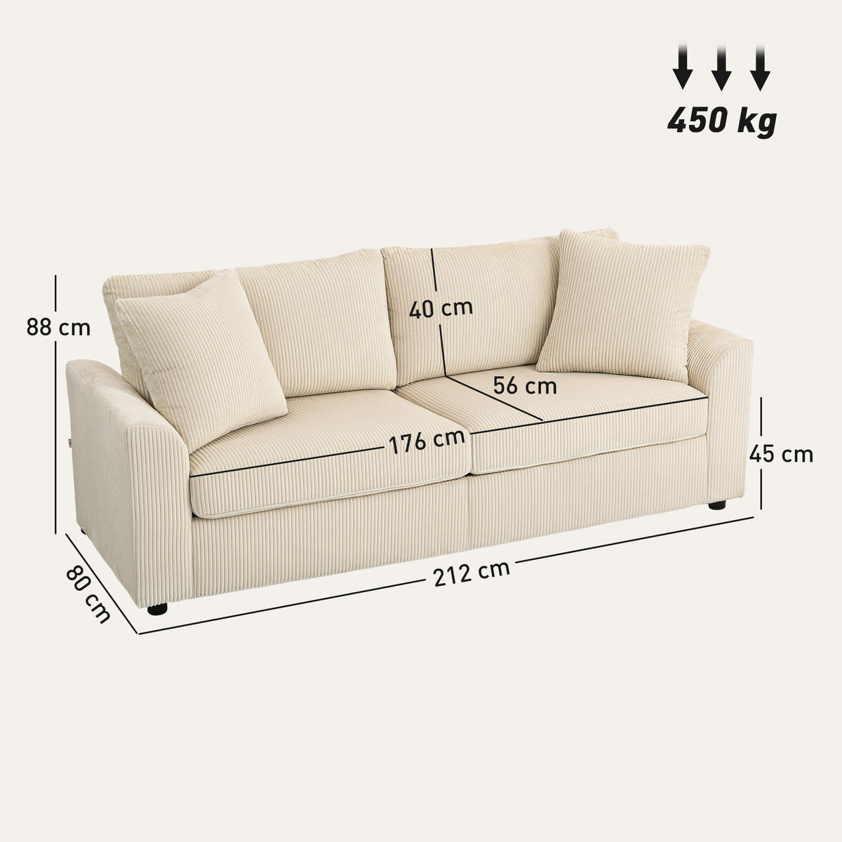 3-SITZER-SOFA Polyester Cremeweiß - Creme, Kunststoff (80/88/212cm) - HOMCOM