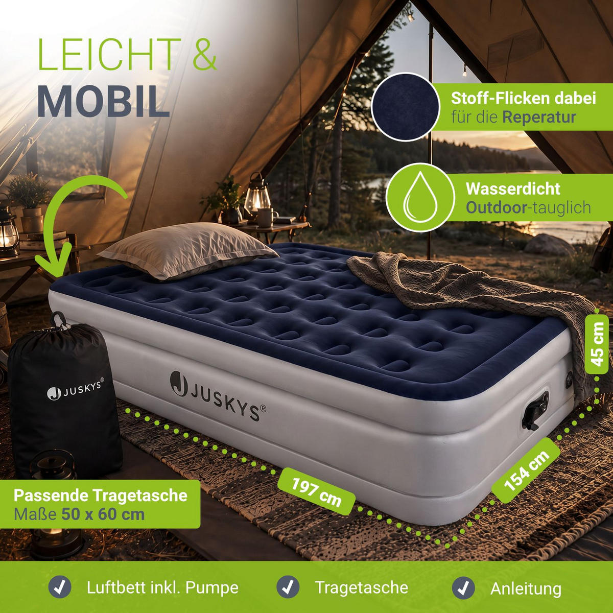 LUFTBETT Sapri L blau / weiß inkl. Tragetasche - Weiß, Kunststoff (154/197cm) - Juskys