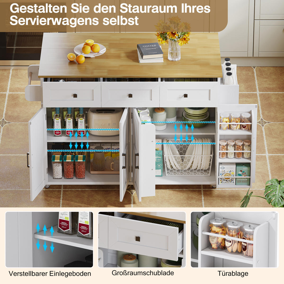 KÜCHENINSEL 140/43(70)/90,5 cm aus MDF mit klappbarer Arbeitsplatte und Rollen Weiß/Natur - Weiß, Holzwerkstoff (140/93/70cm) - Modenvie