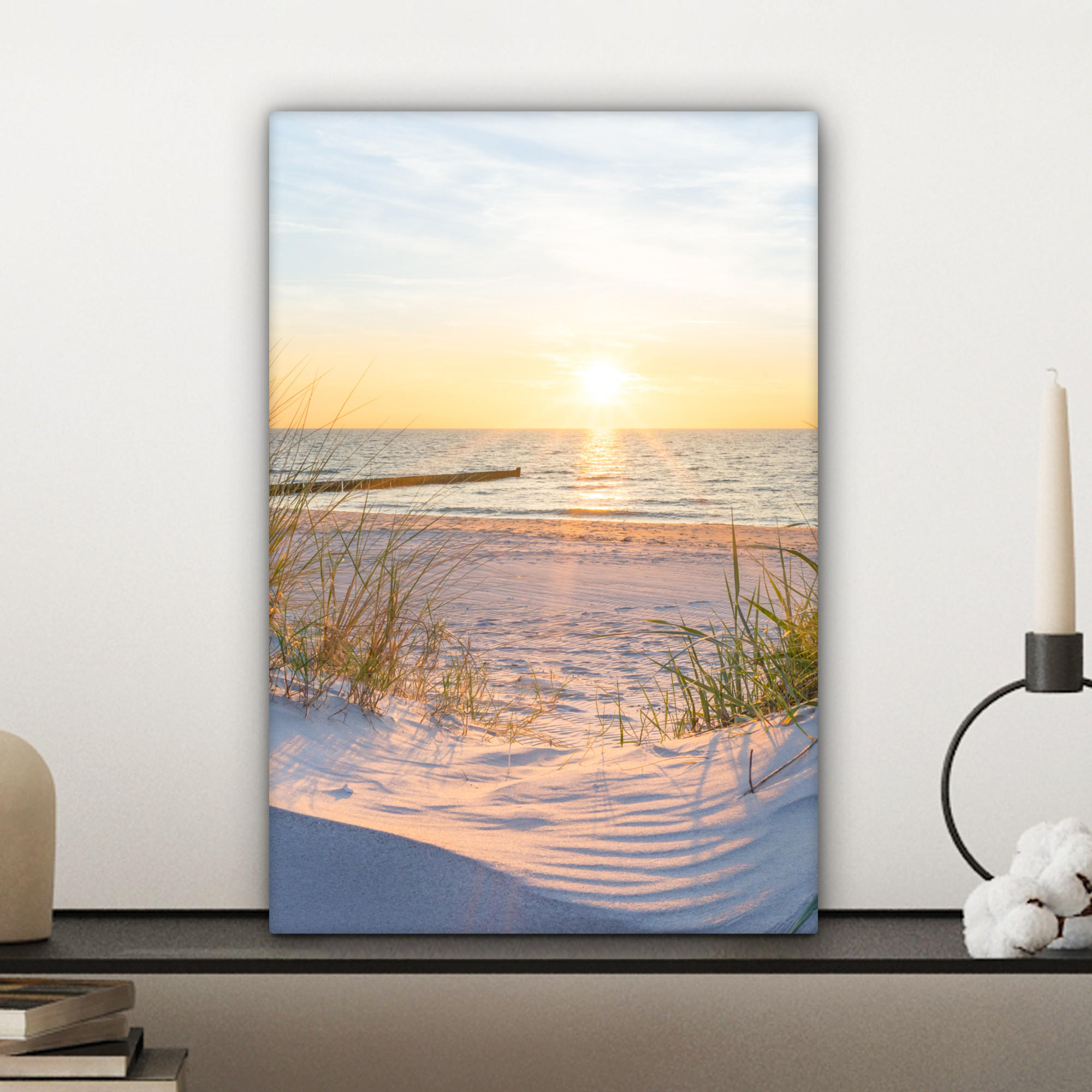 LEINWANDBILD Strand - Sonne - Düne - Gras - Sand - Horizont 20x30 cm - Hellblau, Textil (20/30cm) - MuchoWow
