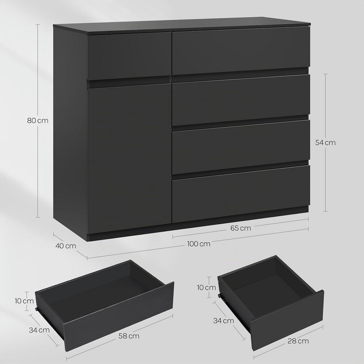 KOMMODE 5 Schubladen 100B x 40T x 80H cm Schwarz - Schwarz, Holzwerkstoff (100/80/40cm) - Woltu