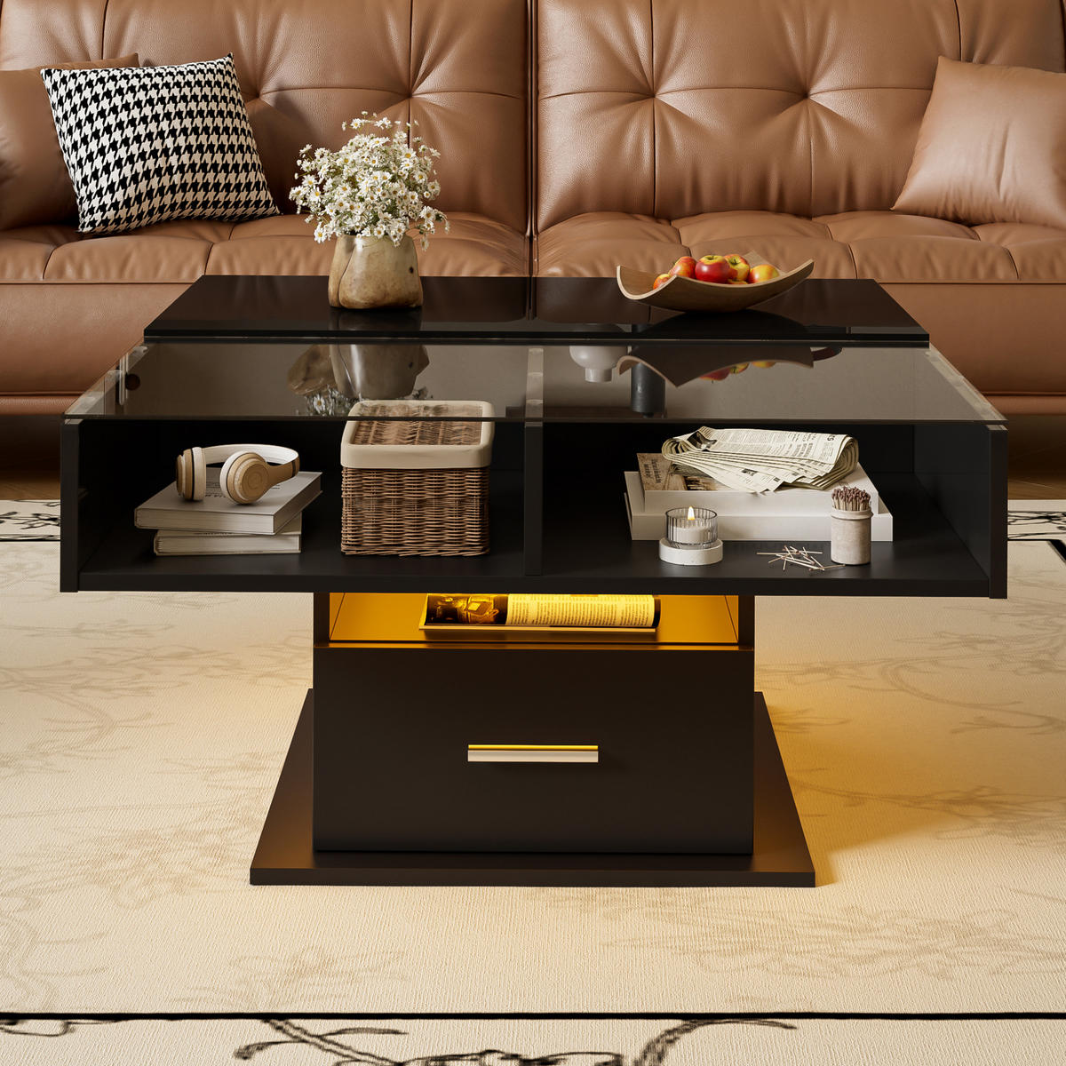 COUCHTISCH 78/78/45,5-59,5 cm mit LED-Beleuchtung und höhenverstellbarer Platte - Schwarz, Holzwerkstoff (78/78/59.5cm) - Flora Grace