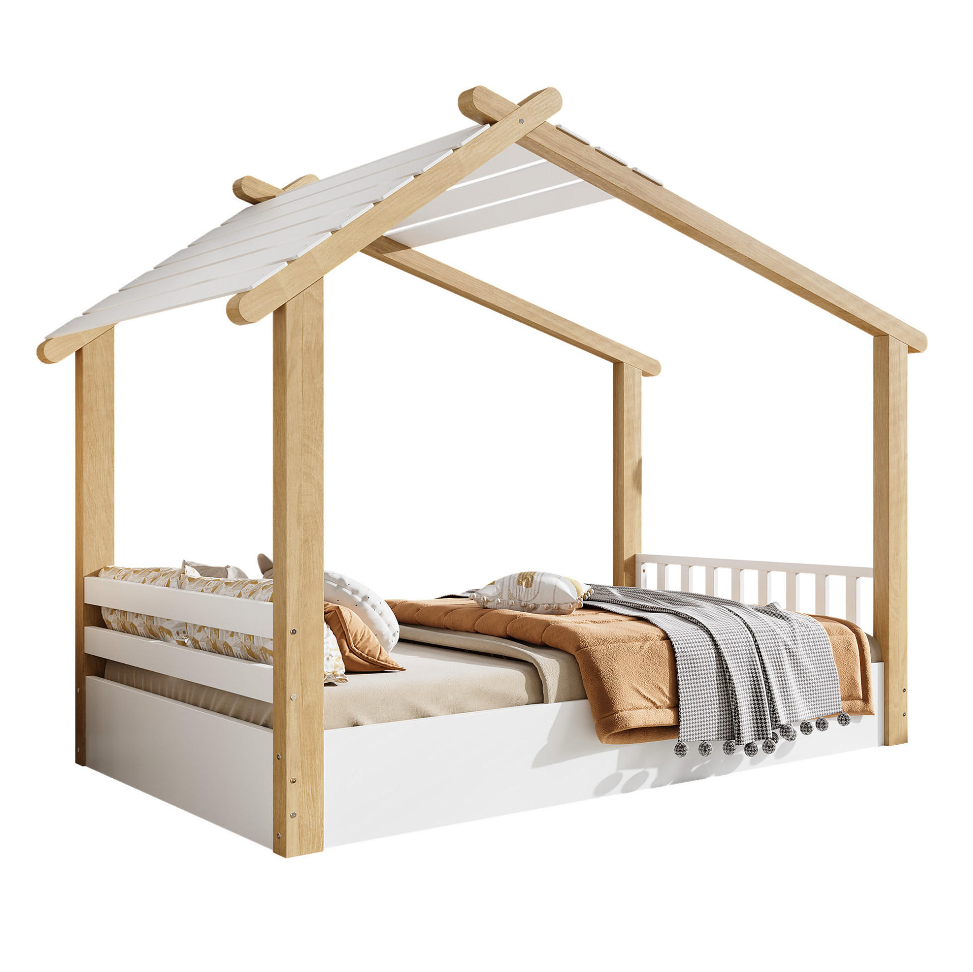 HAUSBETT 90/200 cm Weiß/Natur aus Kiefer, Spanplatte und MDF mit Holzhausdesign - Weiß, Holz (90/200cm) - OKMYHOME