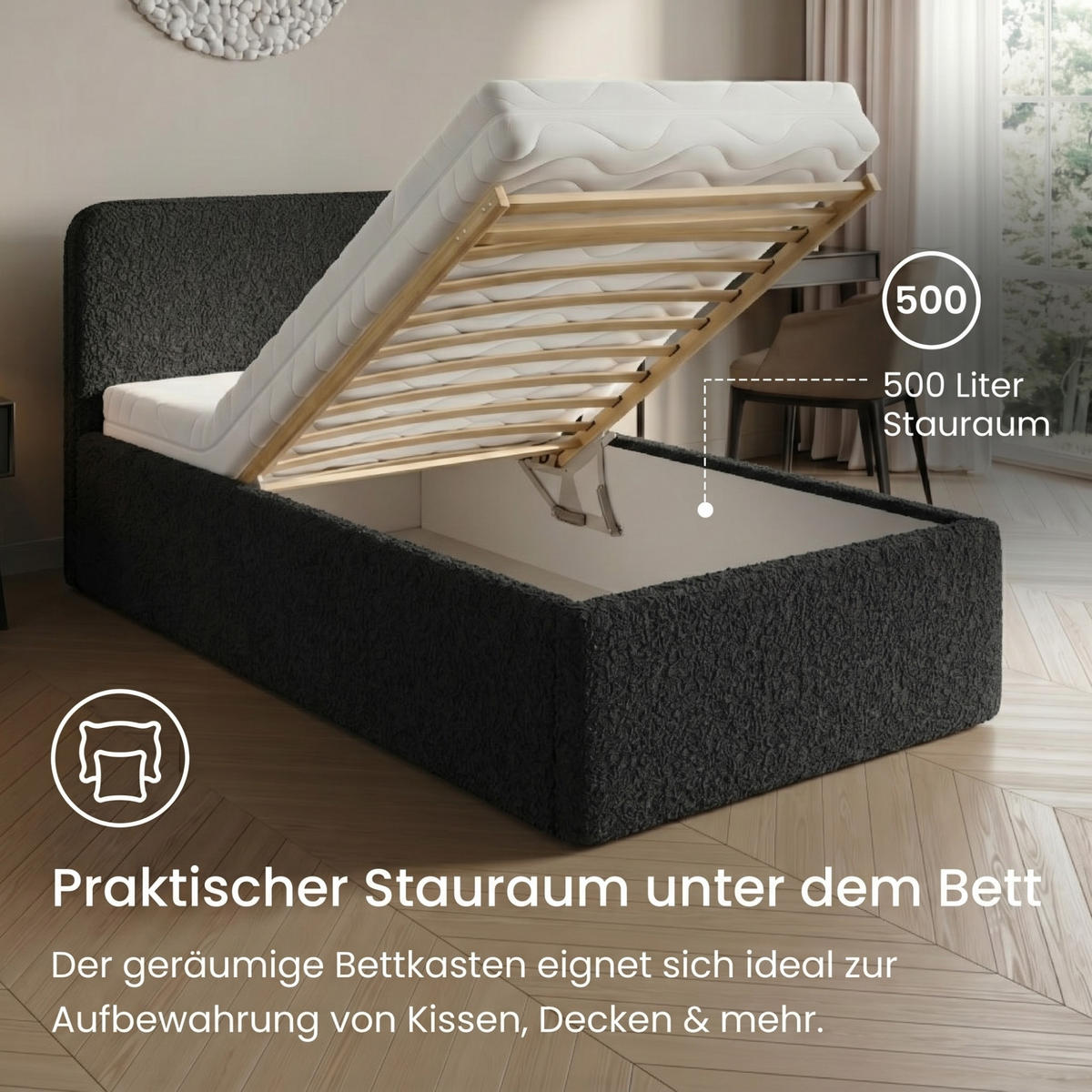 POLSTERBETT 100x200 cm Bouclé Schwarz - Schwarz, Textil (100/200cm) - Home Collective