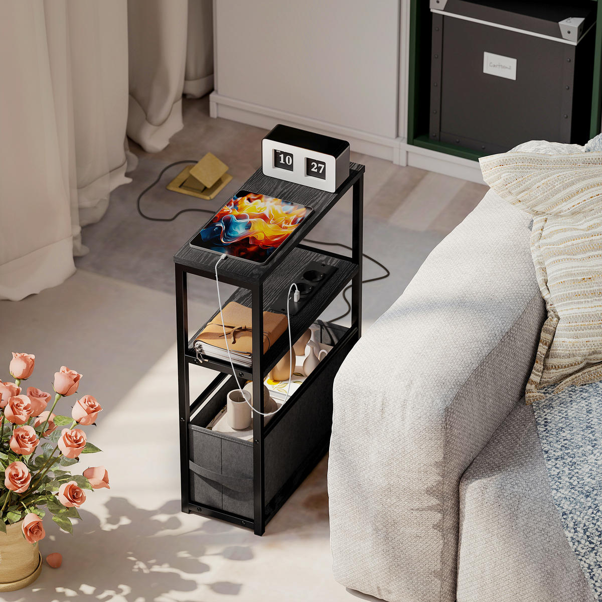 BEISTELLTISCH mit Steckdosenleiste USB & Type-C Ablage Schublade Stahlrahmen - Schwarz, Holzwerkstoff (45/18/60.2cm) - HOMCOM