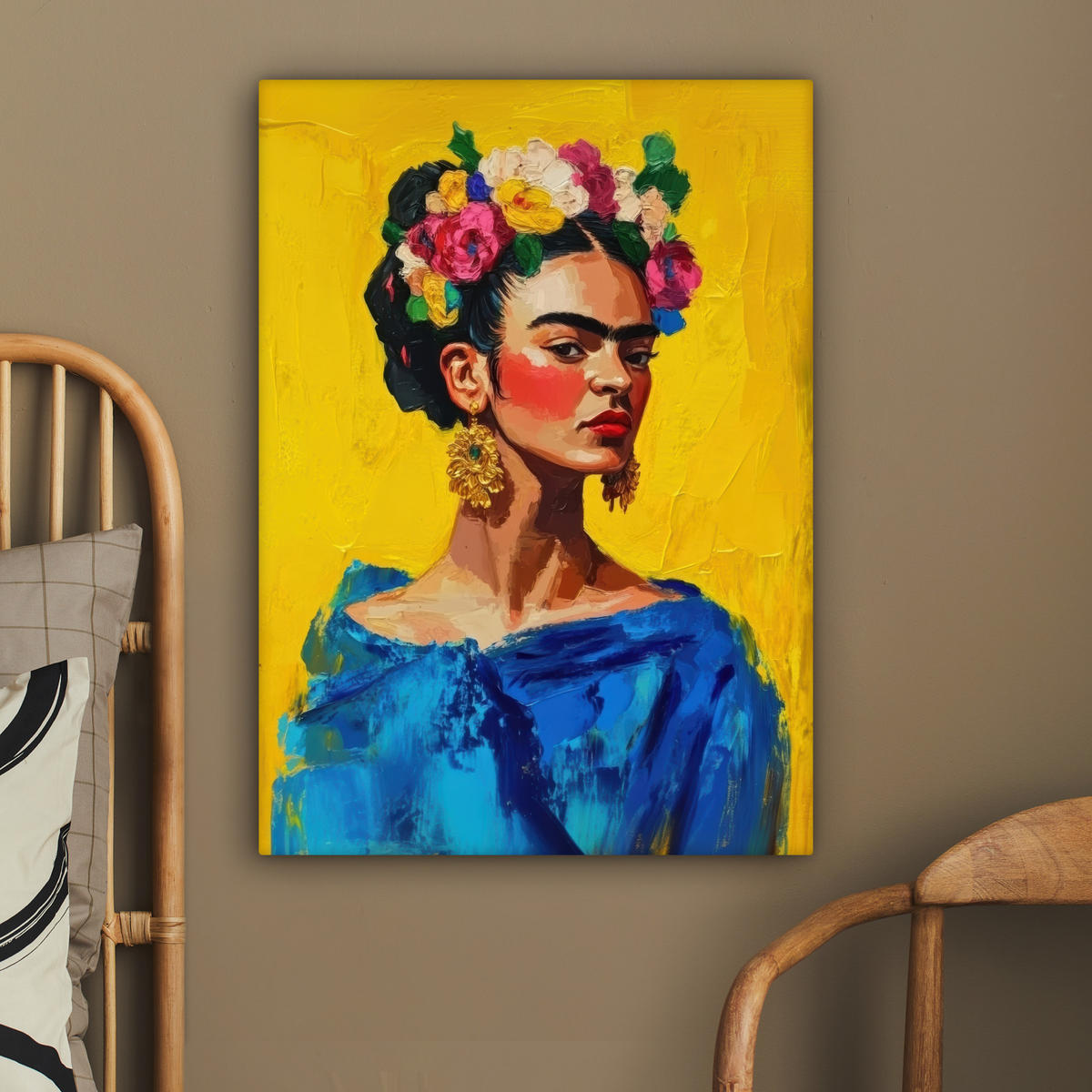 LEINWANDBILD Frida Kahlo - Frau - Gelb - Blau - Blumen 60x80 cm - Gelb, Textil (60/80cm) - MuchoWow