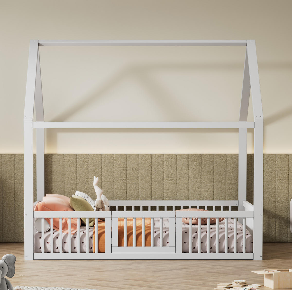 HAUSBETT aus Kiefer und MDF 140x200 cm Weiß mit Rundum-Sicherheitsgitter und Tür im Hausbett-Design - Weiß, Holzwerkstoff (140/200cm) - Modfu