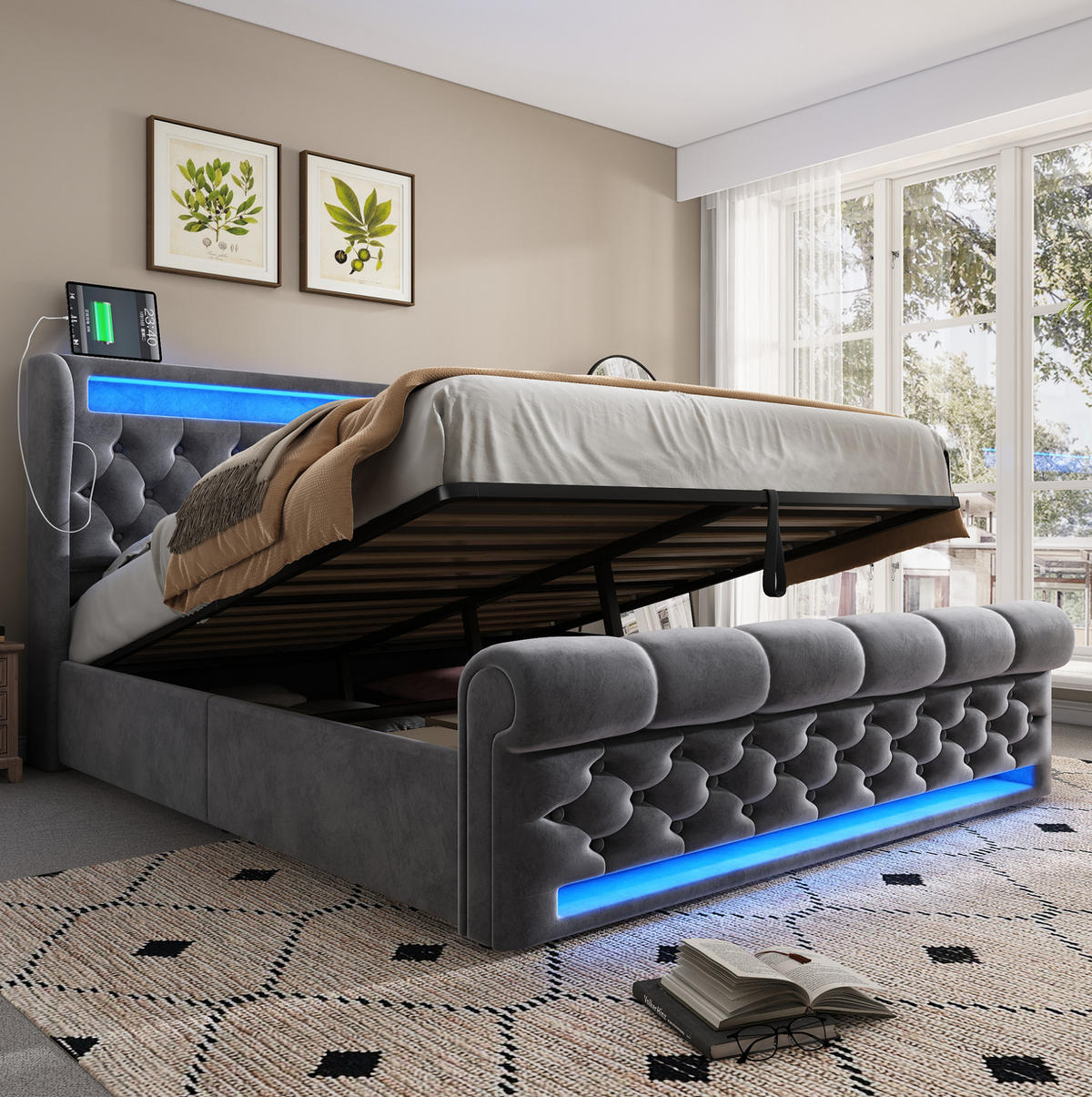POLSTERBETT 160/200 cm Grau aus Samt mit LED Stauraum und USB Typ-C - Grau, Textil (160/200cm) - OKWISH