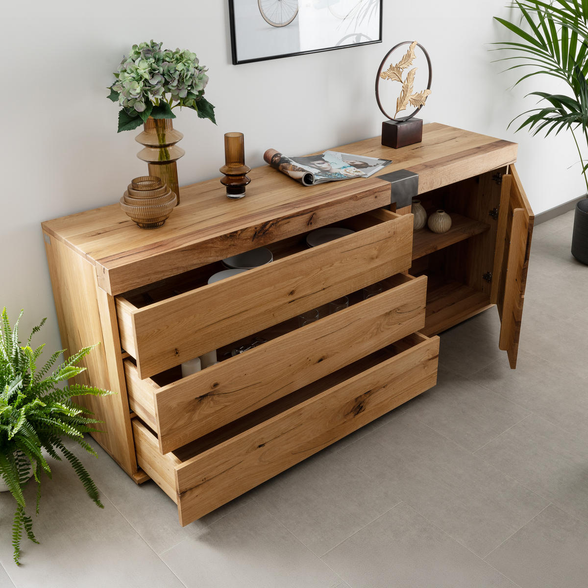 SIDEBOARD Wildeiche / Zerreiche 180x45x75 natur geölt NEW AMSTERDAM #11 - Naturfarben, Holz (180/75/45cm) - Massivmoebel24