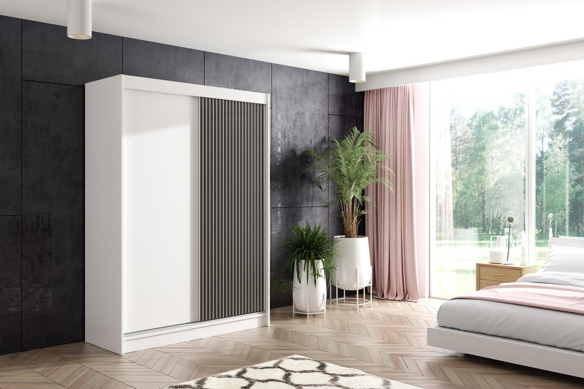 KLEIDERSCHRANK VILAN mit Lamel/LED - 150 cm - Weiß|Schwarz - Schwarz/Weiß, Holzwerkstoff (150/215/61cm) - ALTDECOR