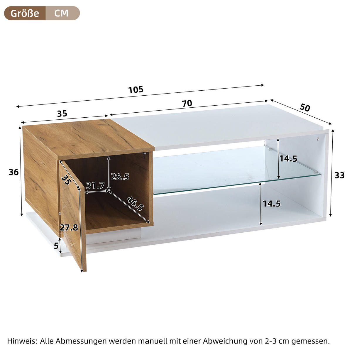 COUCHTISCH 105/50/36 cm mit LED-Beleuchtung, Stauraum, Hochglanz und Glasplatte, Weiß/Eichefarben - Weiß, Holzwerkstoff (105/50/36cm) - Redom