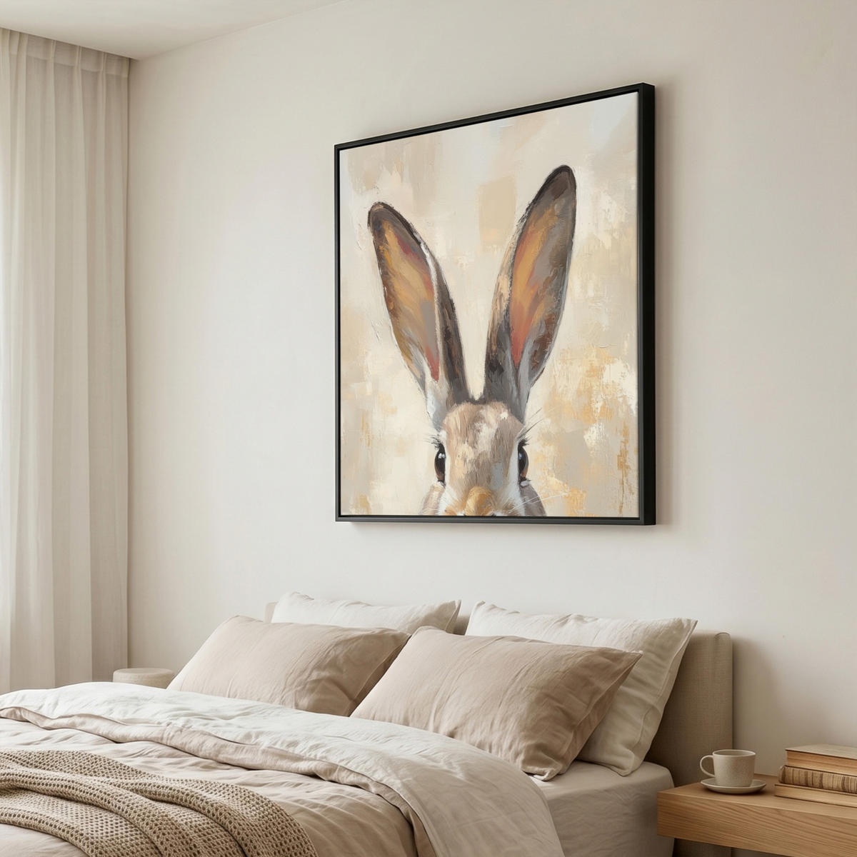 LEINWAND Bilder mit Rahmen - Hase - Ohren - Braun - 90x90 - Beige, Textil (90/90cm) - MuchoWow