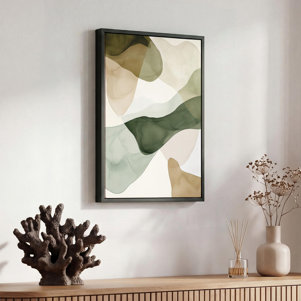 LEINWAND Bilder mit Rahmen - Japandi - Abstrakt - Grün - 30x40 - Salbeigrün, Textil (30/40cm) - MuchoWow