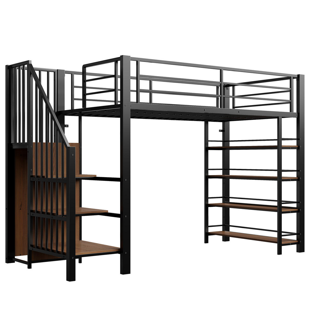 HOCHBETT 90/200 cm aus Metall mit Treppe, Stauraum und Kleiderstange Schwarz - Schwarz, Metall (90/200cm) - Modenvie