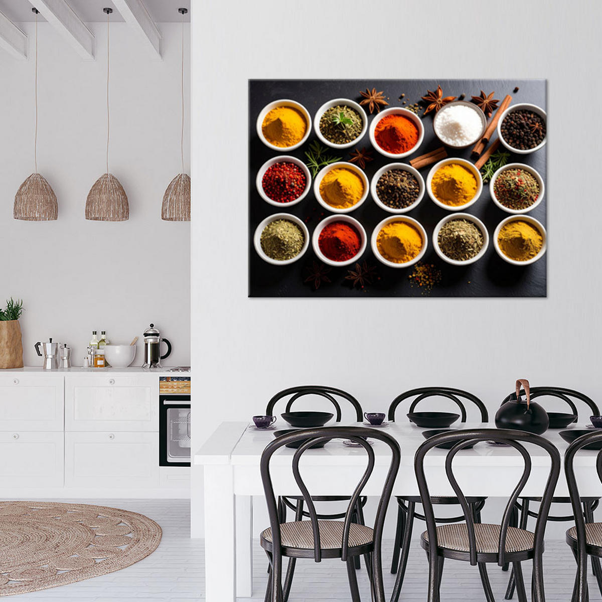 LEINWANDBILD Schälchen mit Gewürzen und Kräutern 90x60cm - Multicolor, Textil (90/60cm) - Feeby