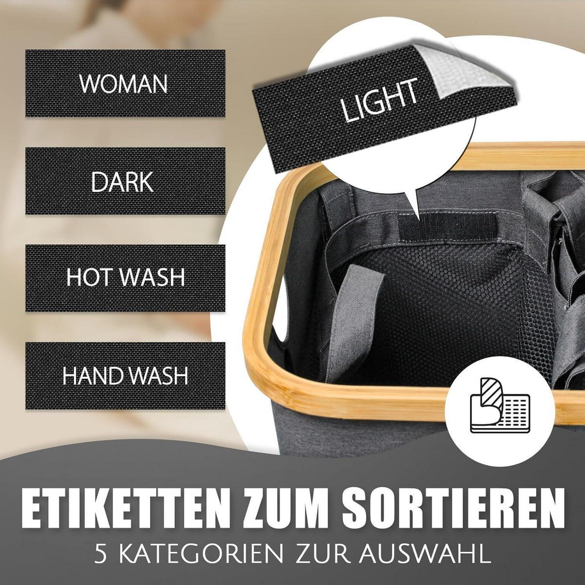 WÄSCHEKORB mit Deckel 145L 3 Fächer Dunkelgrau - Anthrazit, Textil (37/69/57cm)