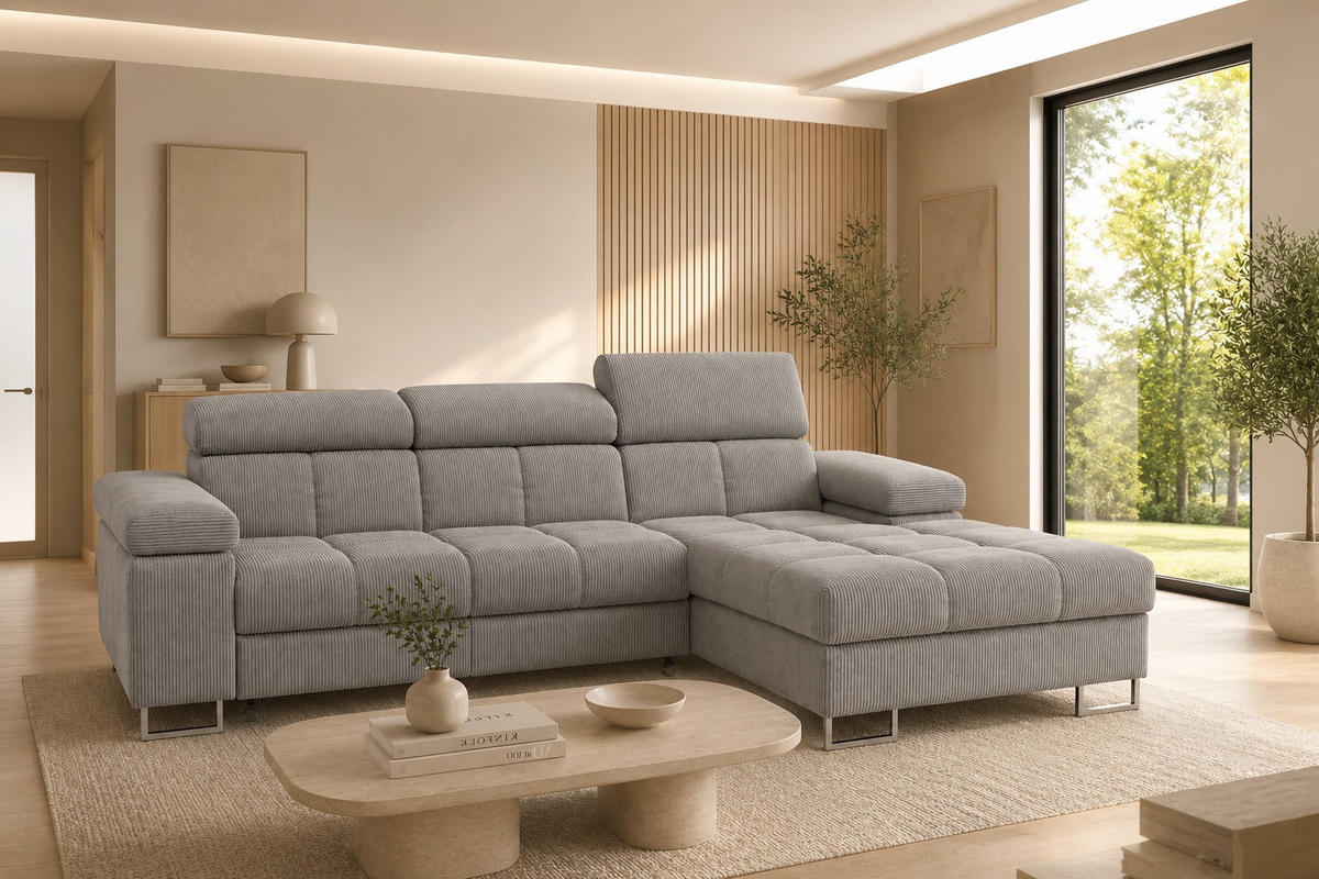 ECKSOFA COMODO Rechts mit Schlaffunktion & Bettkasten Warmgrau - Grau, Textil (271/203cm) - KS Home Concept