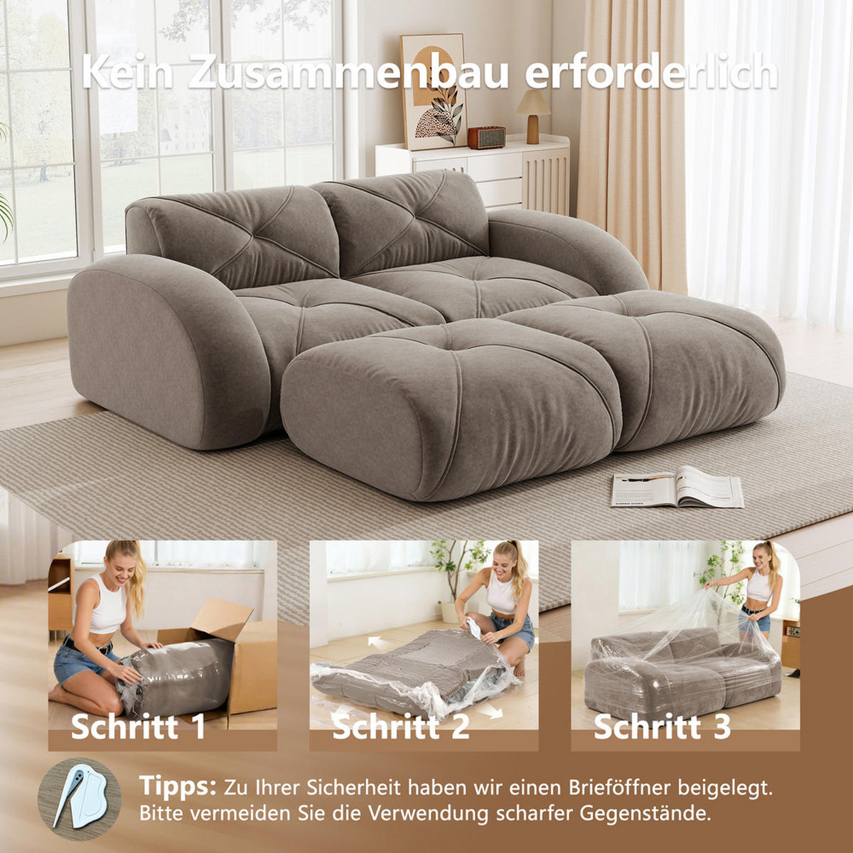 2-SITZER 204 x 171 x 76 cm Rutschfest - Taupe, Textil (171/76/204cm) - Raelunyi