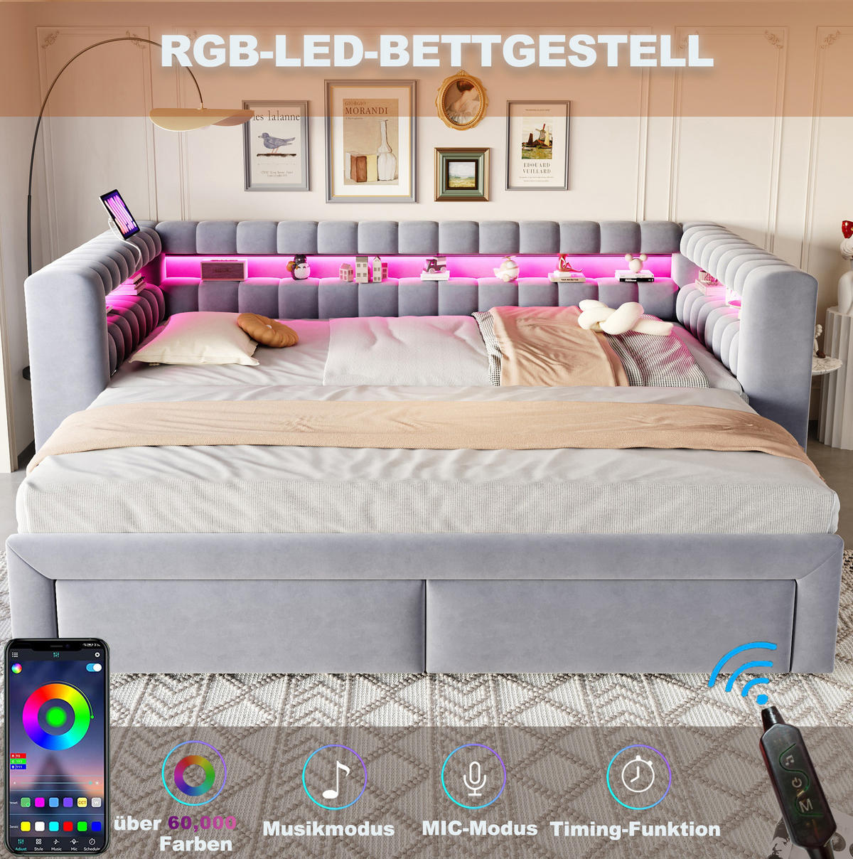 ČALOUNĚNÁ rozkládací postel 90/190 cm s přistýlkou, zásuvkami, LED, USB a úložným prostorem, samet, Světle šedá - světle šedá, textil (90/190cm) - Redom