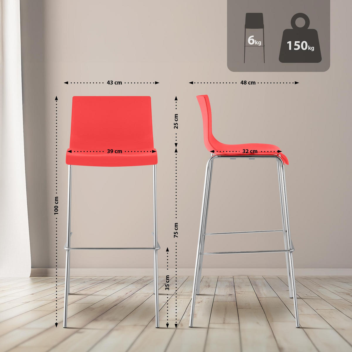 BARHOCKER 2er Set Kunststoff rot - Chromfarben/Rot, Kunststoff/Metall (43/100/48cm) - CLP