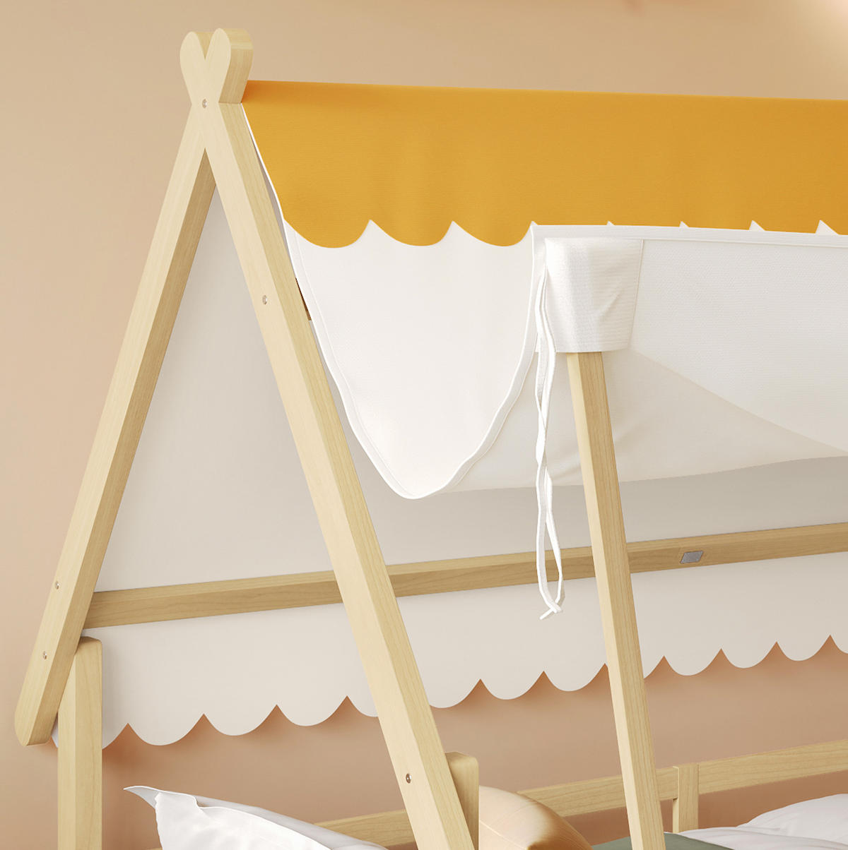 HAUSBETT aus Kiefer und Sperrholz 90x200 cm Weiß/Natur mit abnehmbarem Zelt und Sicherheitsgeländer - Weiß, Holzwerkstoff (90/200cm) - Modfu