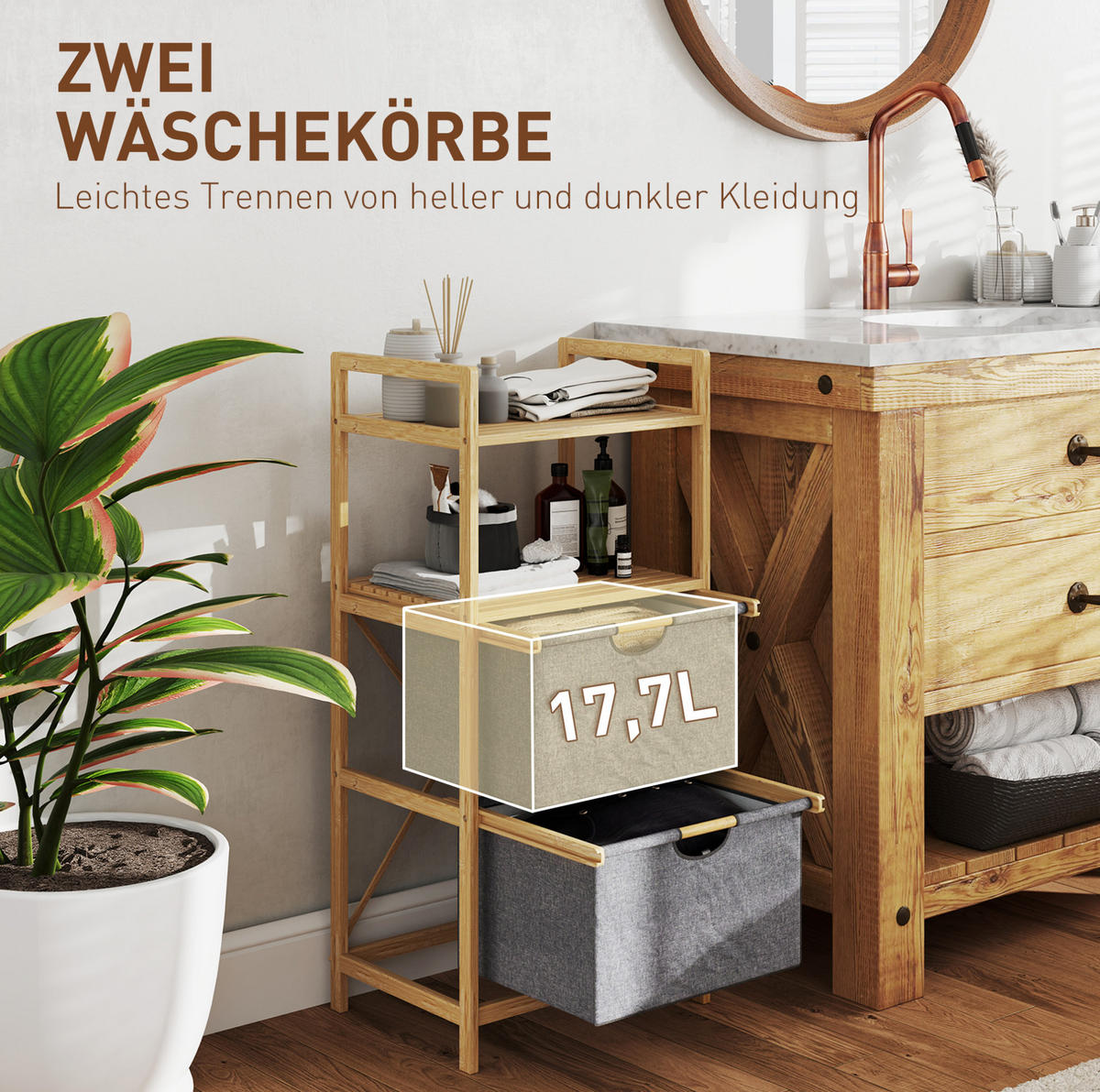 BADEZIMMERREGAL 44x34x96 cm Natur mit 2 Stoffkörben & zweistufigem Design - Naturfarben, Naturmaterialen (44/96/34cm) - Modfu