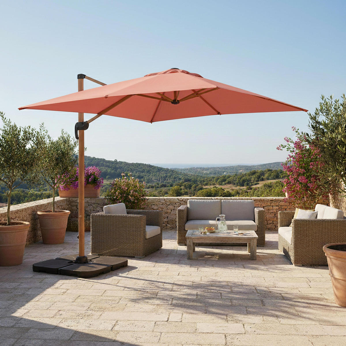 SONNENSCHIRM 3x3m mit 4 Gewichtsplatten, Lehm - Pink, Metall (300/300cm) - Oviala