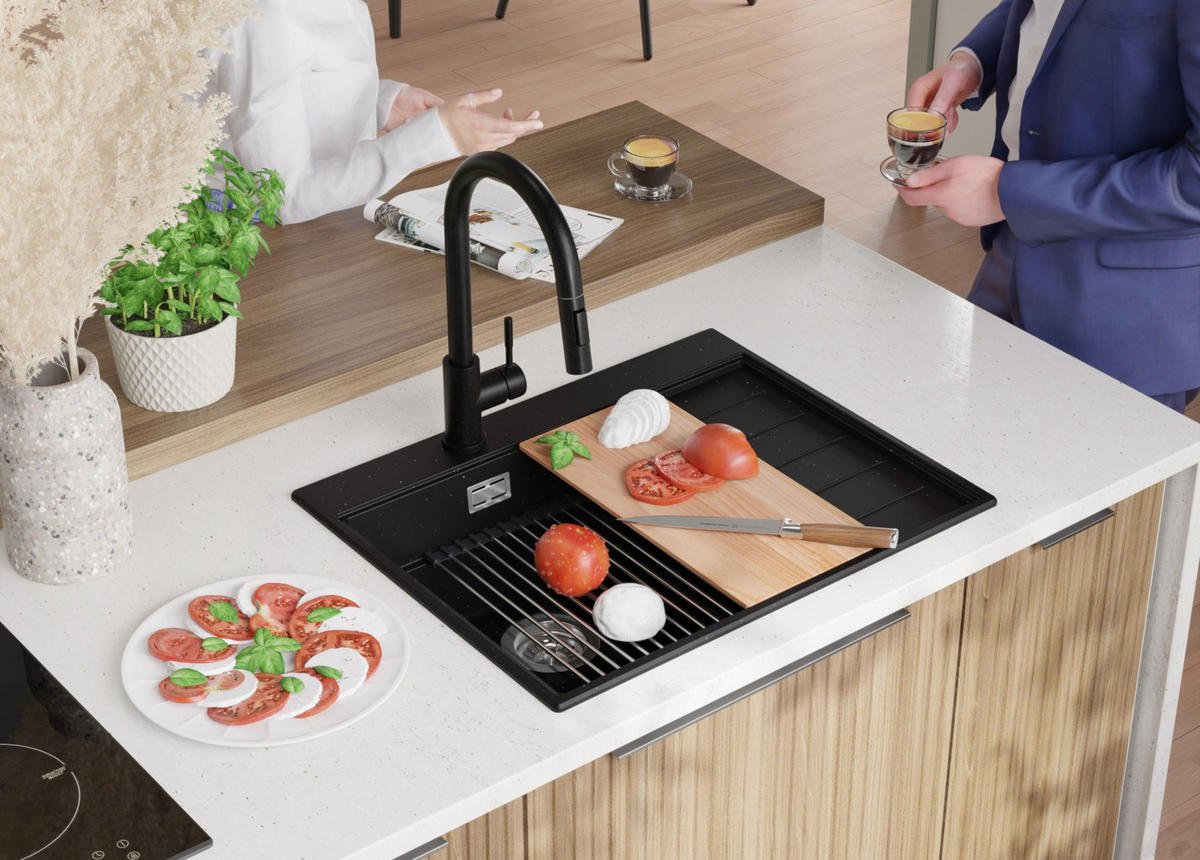 SPÜLBECKEN Sydney, 2-er set Schwarz Metallic 62/50 cm 1 Becken + Ablauf-Set + Küchenzubehörset ab 45er Unterschrank - Chromfarben/Schwarz Hochglanz, Kunststoff (62/20/50cm) - Primagran