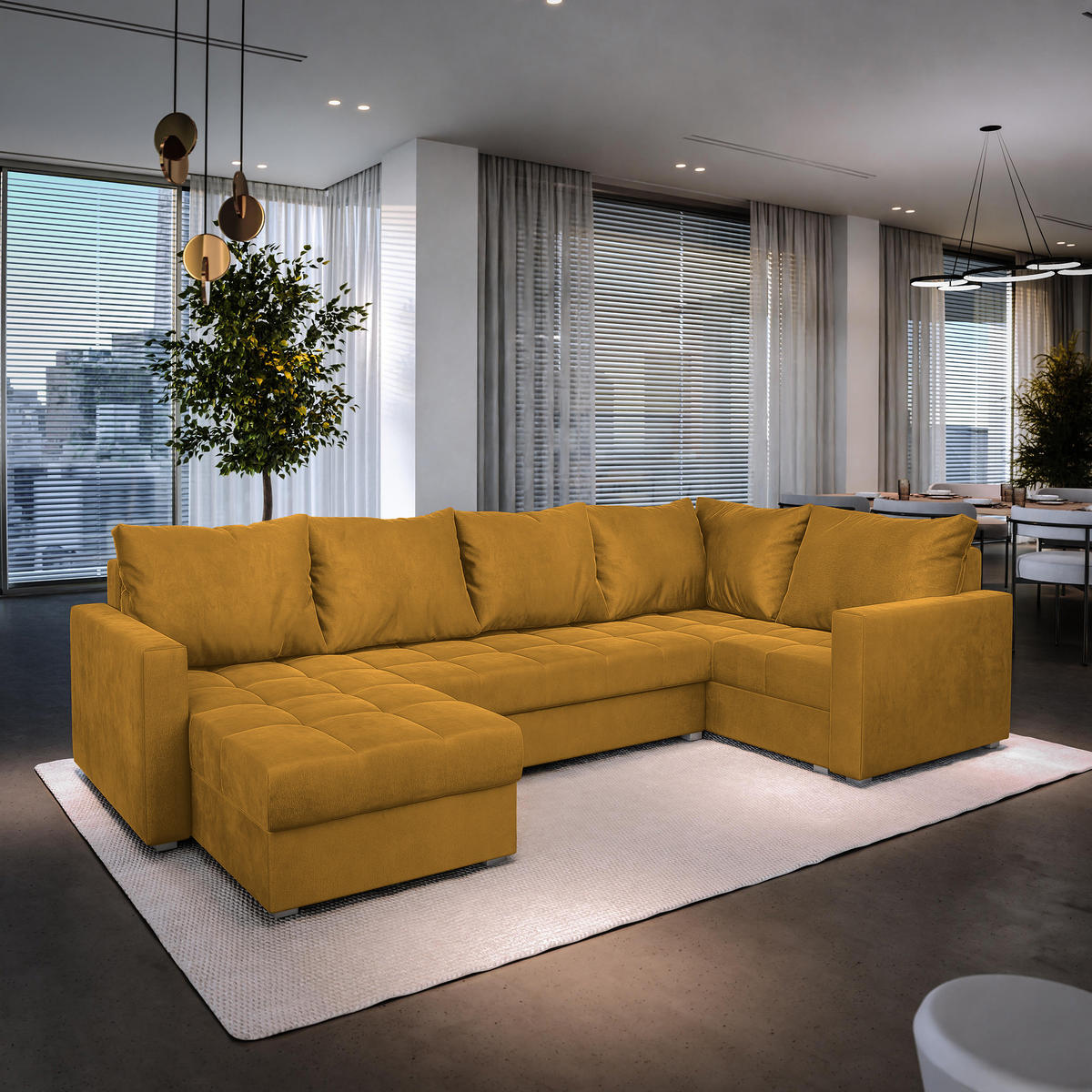 WOHNLANDSCHAFT LORIVO R-S Gelb Plüsch-Stoff mit Schlaffunktion - Gelb, Holz (285/85/150cm) - MASSENO