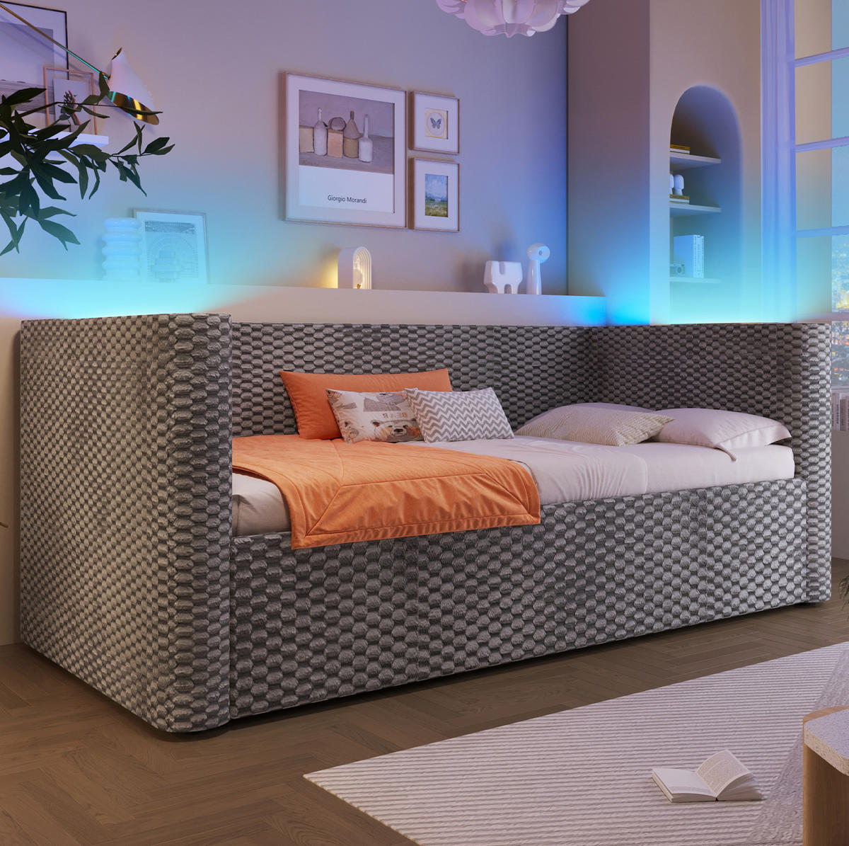 TAGESBETT 90/200 cm Grau aus Samt mit LED-Beleuchtung und hydraulischem Stauraum - Grau, Textil (90/200cm) - OKWISH