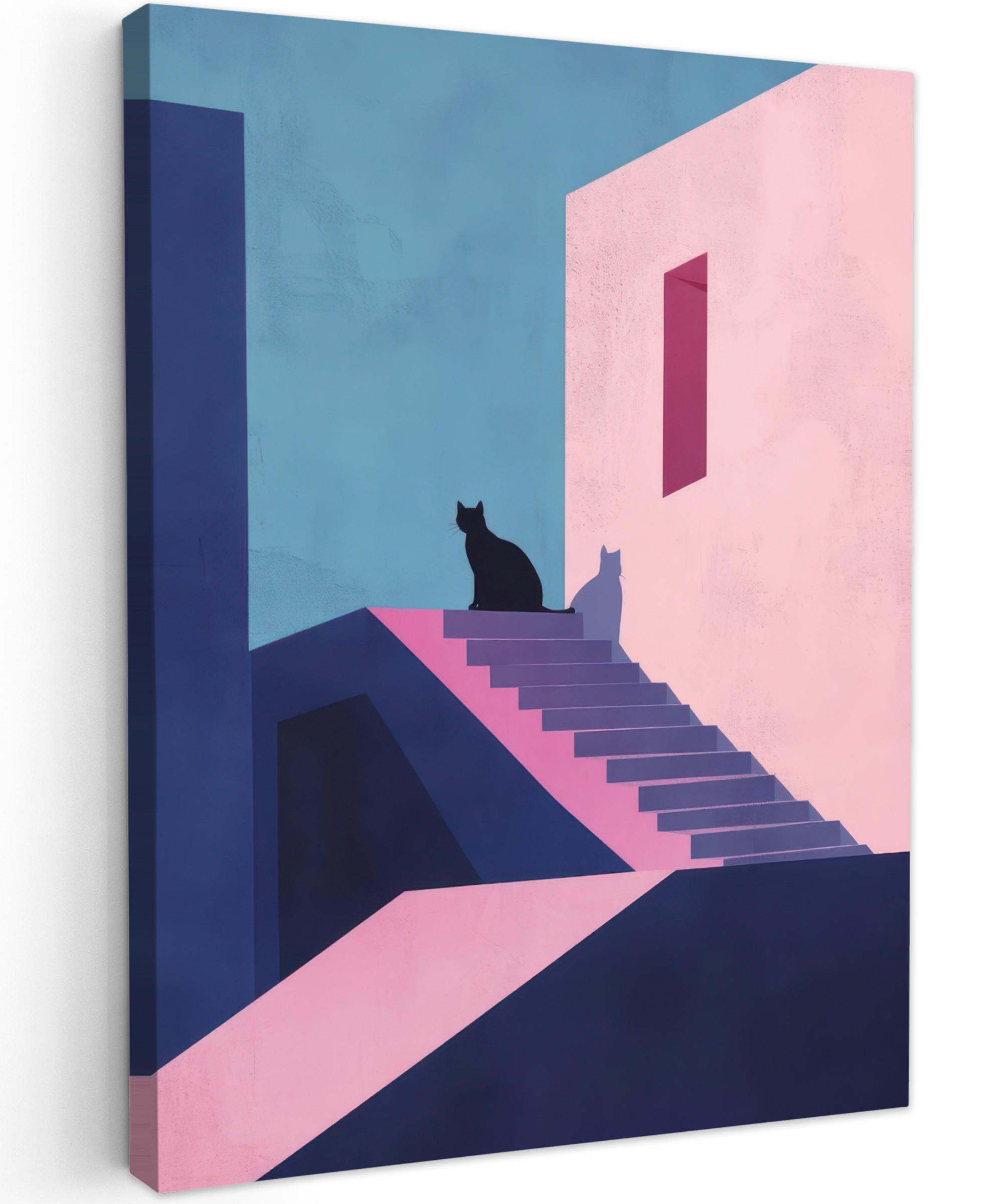 LEINWANDBILD Katze - Treppe - Gebäude - Schattenkontraste Wandbild Wohnzimmer 60x80 cm - Dunkelblau, Textil (60/80cm) - MuchoWow