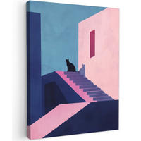 LEINWANDBILD Katze - Treppe - Gebäude - Schattenkontraste Wandbild Wohnzimmer 60x80 cm - Dunkelblau, Textil (60/80cm) - MuchoWow