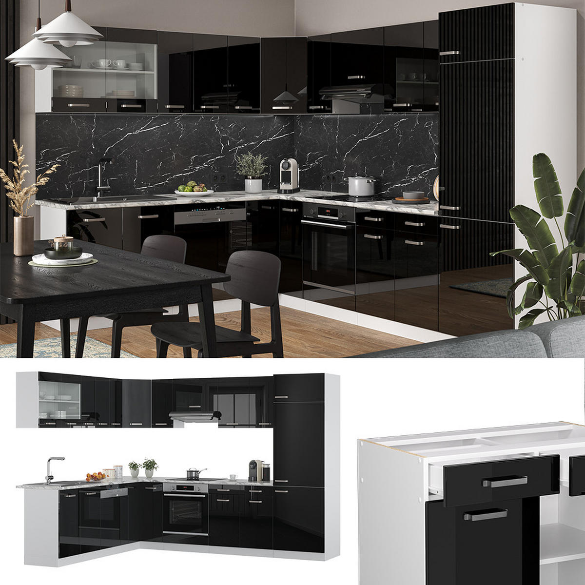 ECKKÜCHE R-Line Schwarz Hochglanz/Weiß 227 x 287 cm, AP Eiche - Schwarz Hochglanz/Weiß, Holzwerkstoff (287/81.6/60cm) - Vicco