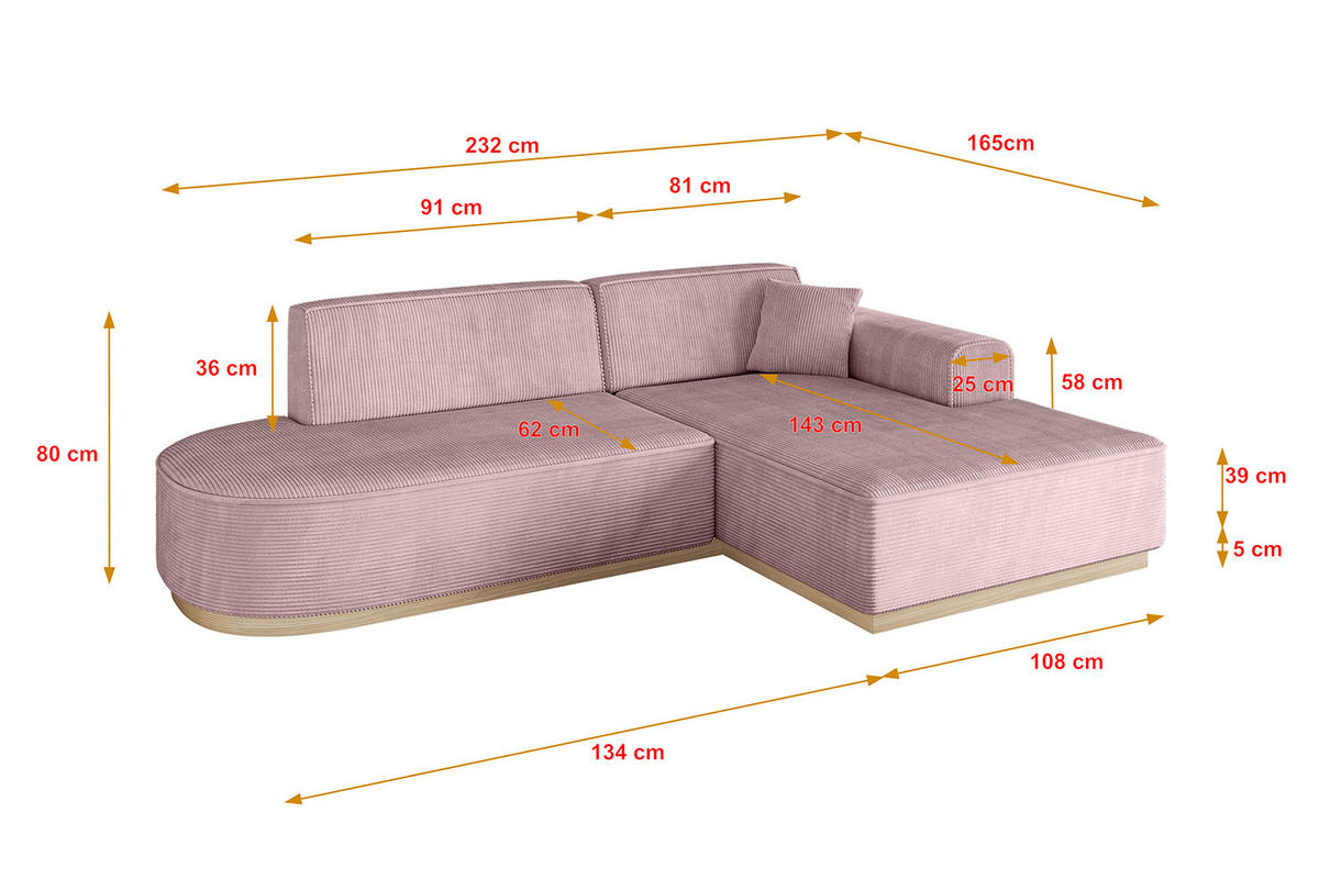 ECKSOFA Ottomane Rechts IREA-L1 - 232x165x80 cm Rosa - Rosa, Holzwerkstoff/Textil (232/165cm) - ALTDECOR