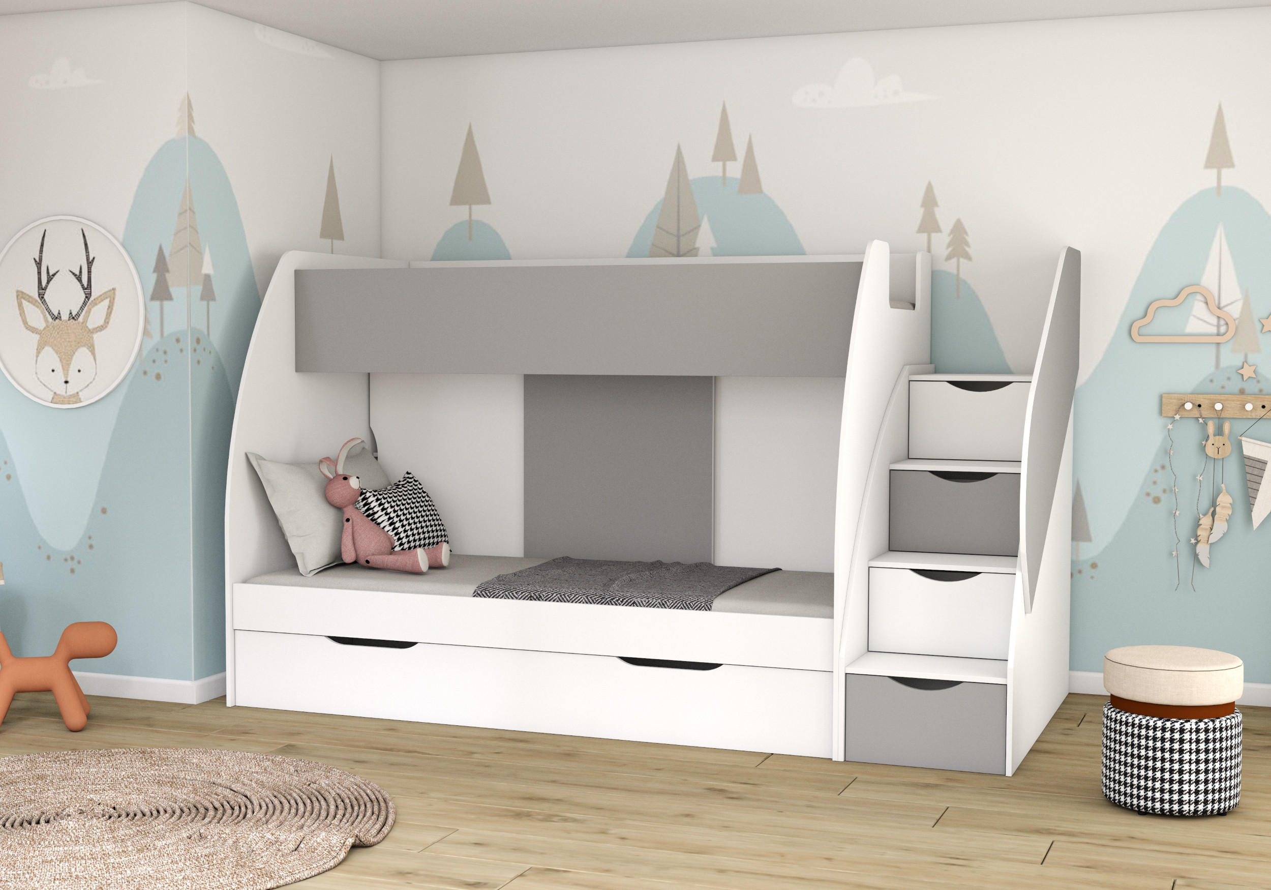 JUGENDZIMMER Etagenbett Luna in Weiß und Grau 80x200cm Liegefläche mit integriertem Regal, Bettschubkasten und Schüben - Weiß, Holzwerkstoff (80/200/120cm)