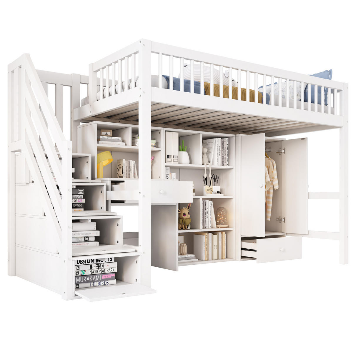 HOCHBETT mit Schreibtisch 90/200 cm in Weiß – mit Stauraum, Treppe und Kleiderschrank - Weiß, Holzwerkstoff (90/200cm) - BEAOK