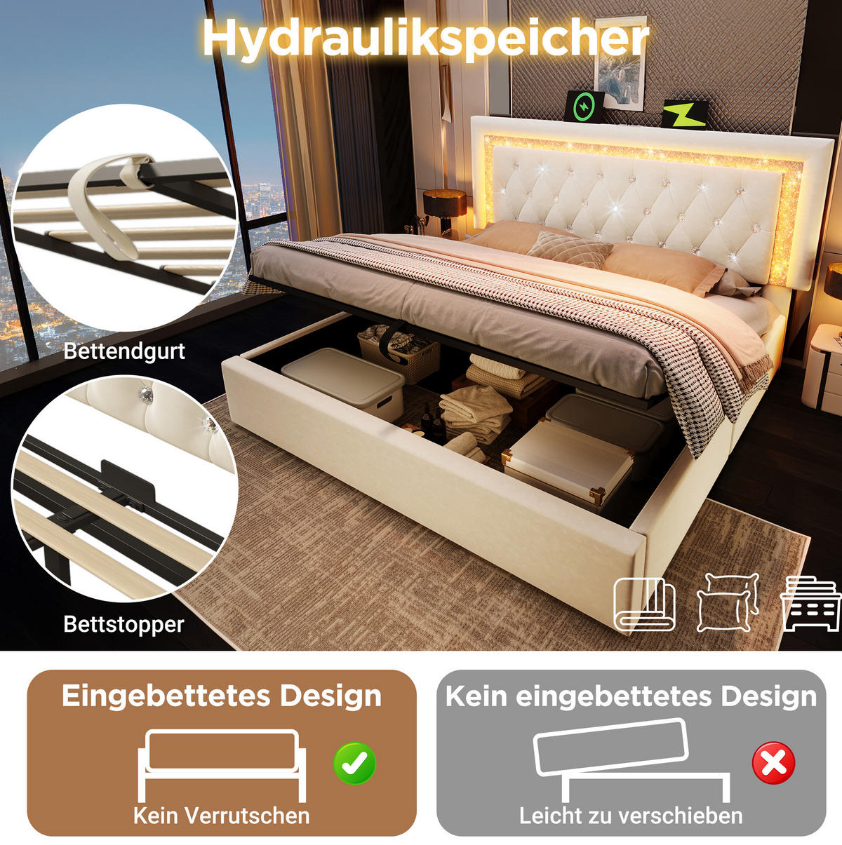 POLSTERBETT 180/200 cm in Beige aus Samt mit Stauraum und LED-Beleuchtung - Beige, Textil (180/200cm) - Flora Grace
