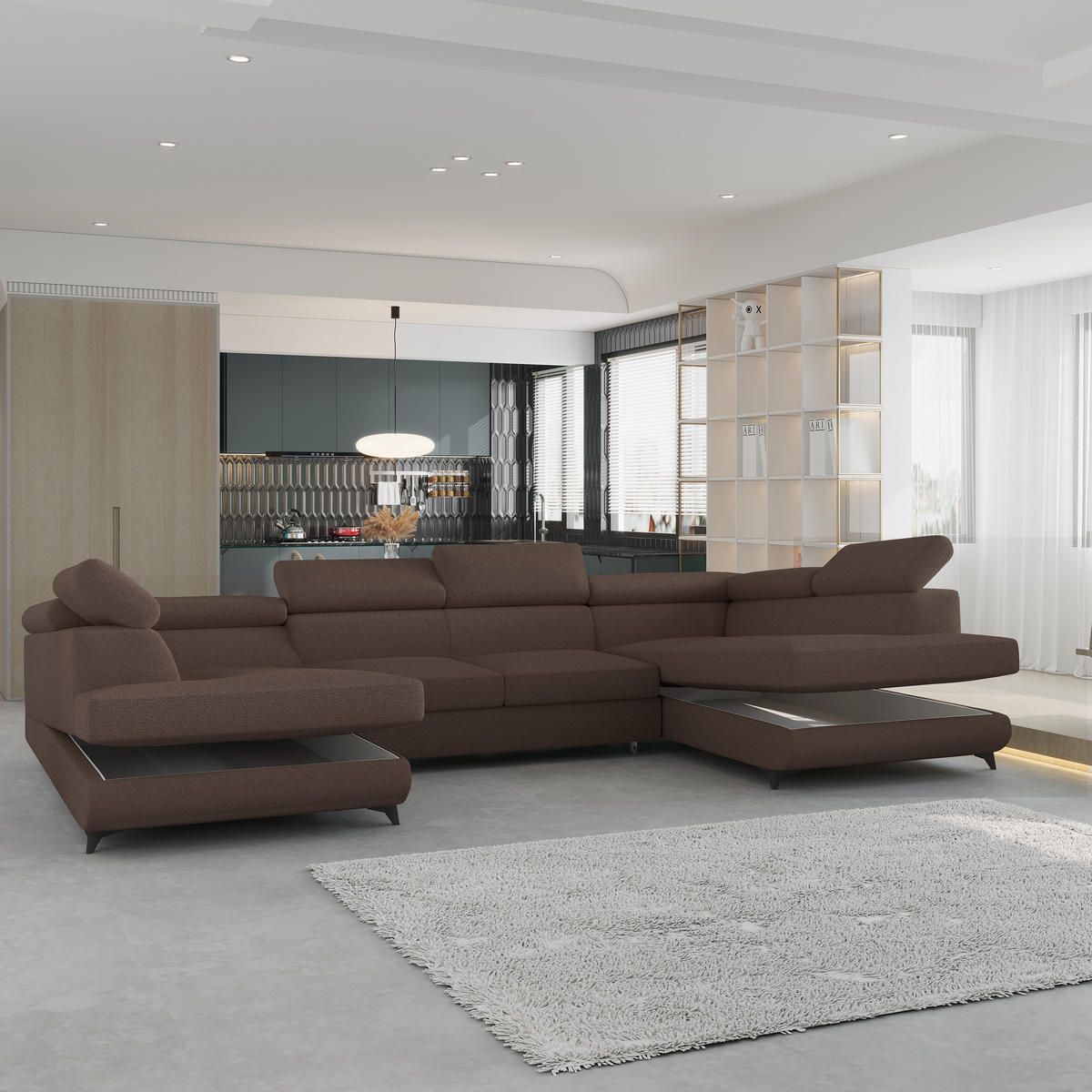 WOHNLANDSCHAFT VINTESSA Braun Boucle-Stoff mit Schlaffunktion - Braun, Holz (323/89/190cm) - MASSENO