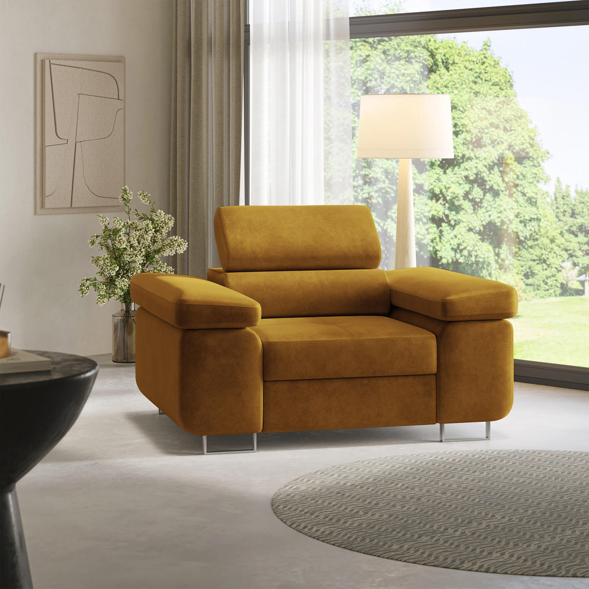 SESSEL CALVO Polstersessel Loungesessel ergonomisch, Gelb - Gelb, Holz/Metall (133/87/98cm) - MASSENO