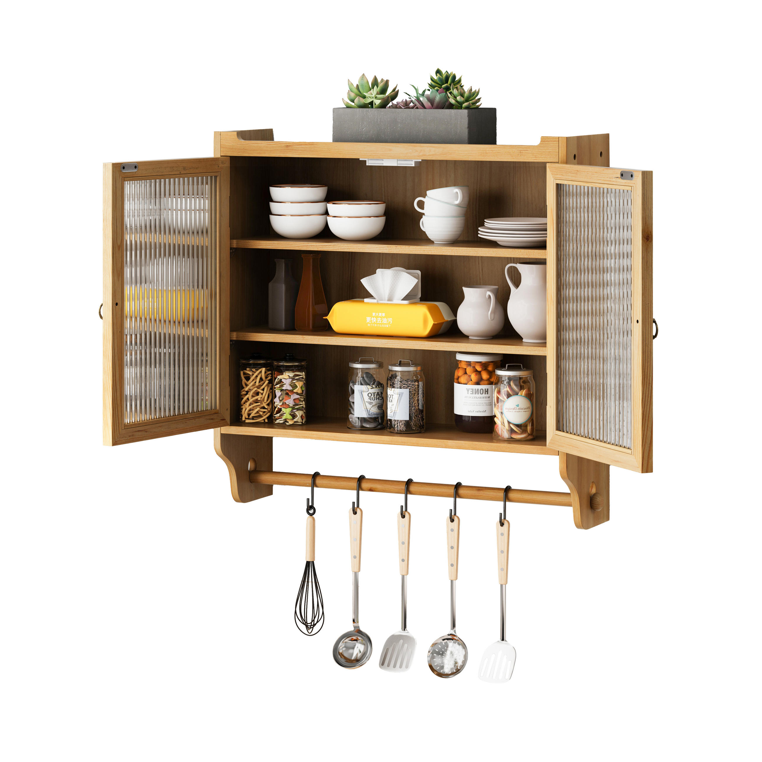 KÜCHENOBERSCHRANK 63x18x60 cm in Natural aus Glas, Massivholz mit Drei-Stufen-Stauraum & Wandmontage - Naturfarben, Holzwerkstoff (63/60/18cm) - Modfu